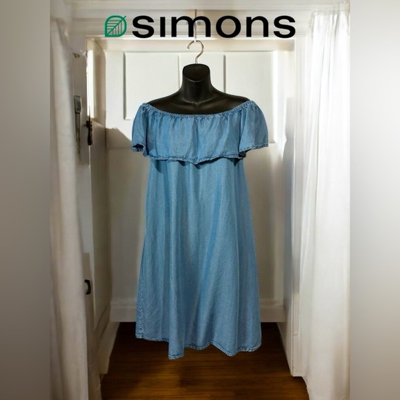 Twik by Simons, Ultra-Soft Denim Dress with Ruffled Neckline, Large, Blue - Picture 1 of 8